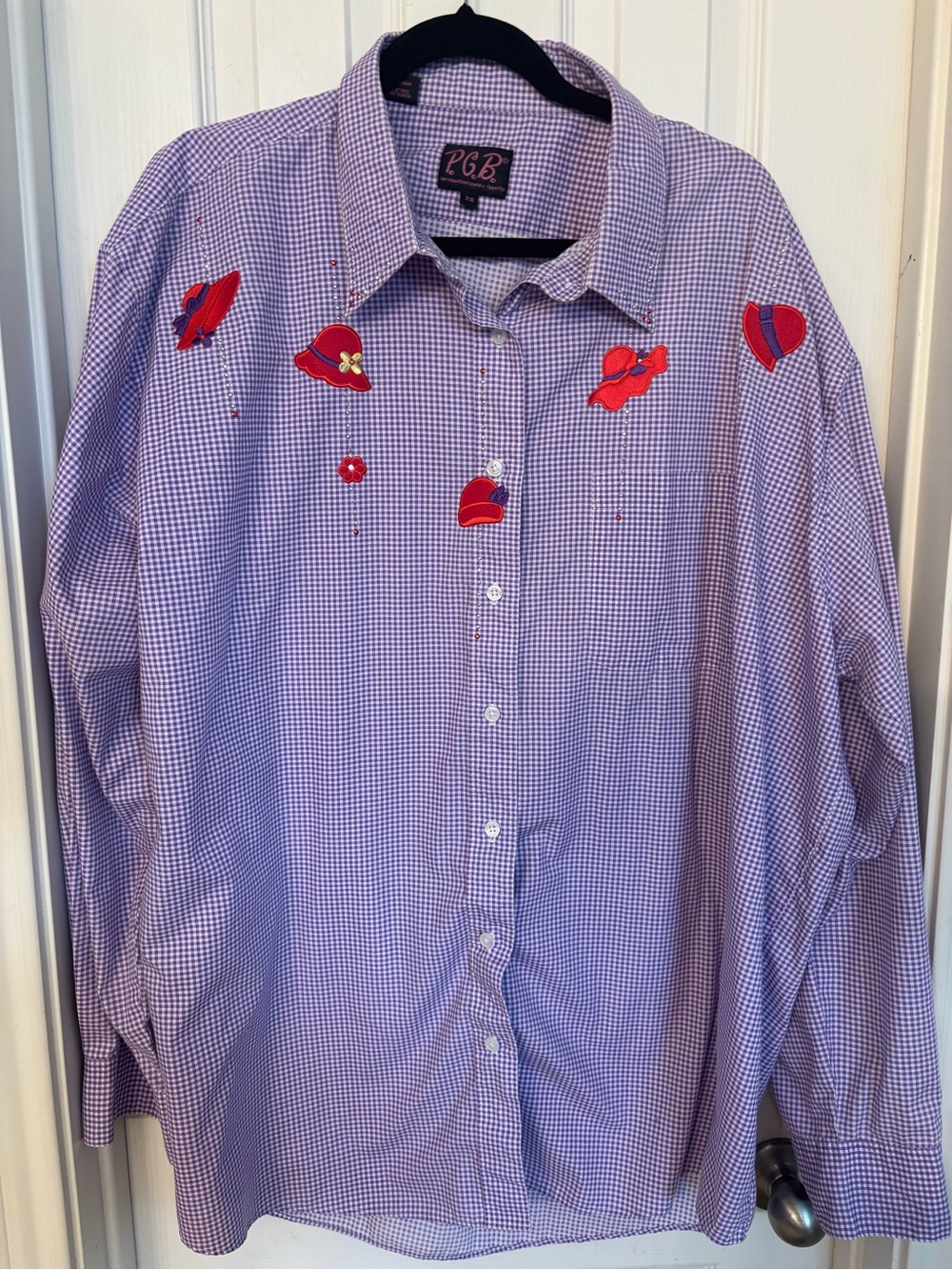 Vintage PGB Red Hat Society Purple Gingham Embroidered Button Up Shirt
